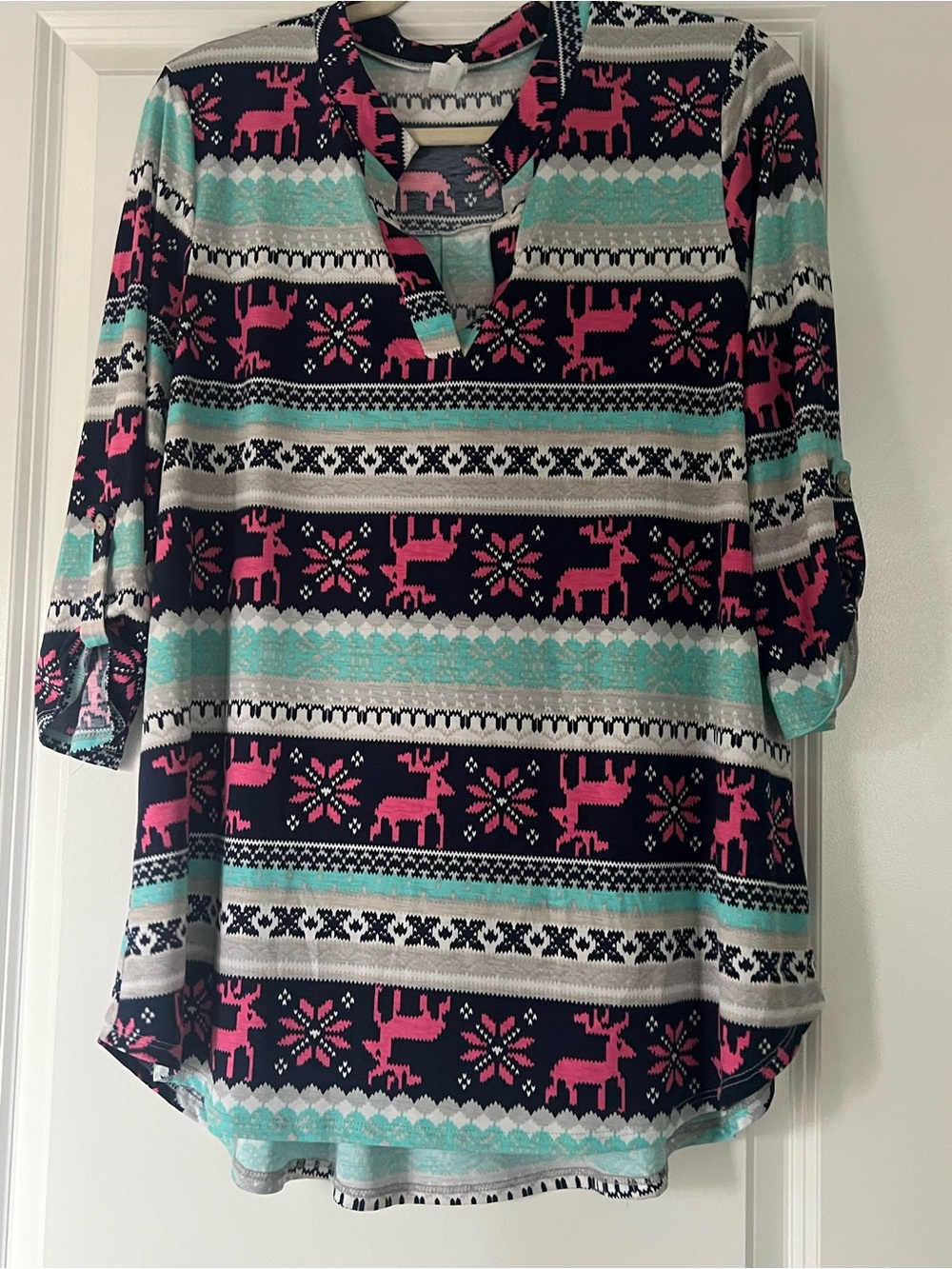 Honeyme Black Tunic with Pink and Aqua Fair Isle Reindeer Motif